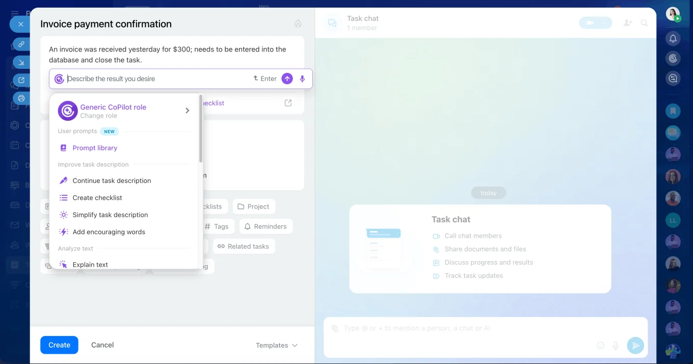 Co-Pilot in tasks and projects