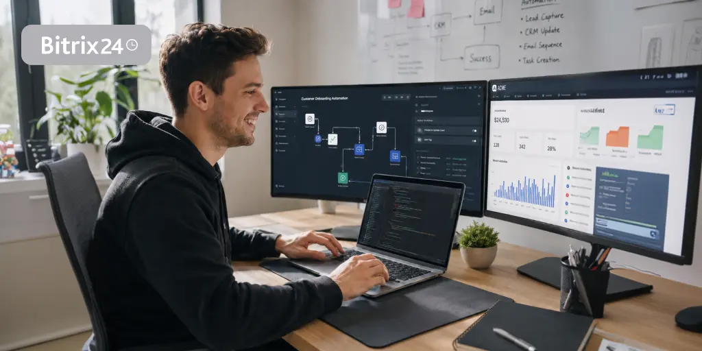 How to build an AI content pipeline (and actually ship articles faster) Bitrix24-branded visual of a developer working with an automation workflow and analytics dashboard on dual monitors
